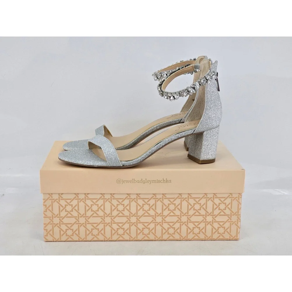 Jewel Badgley Mischka Catalina Heels Womens 8 Silver Glitter Crystal - NEW